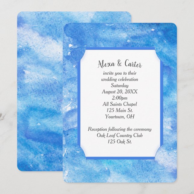 Convites Azul Água-Forte Abstrato para Casamento (Frente/Verso)