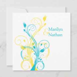 Convites Azul, Amarelo, Branco Sq.Convite de casamento