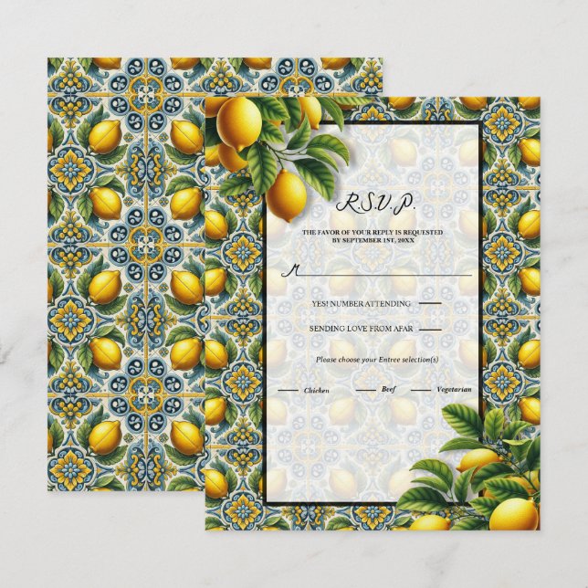 Convites Azul Amarelo Capri Limão Azulejo Mediterrâneo RSVP (Frente/Verso)