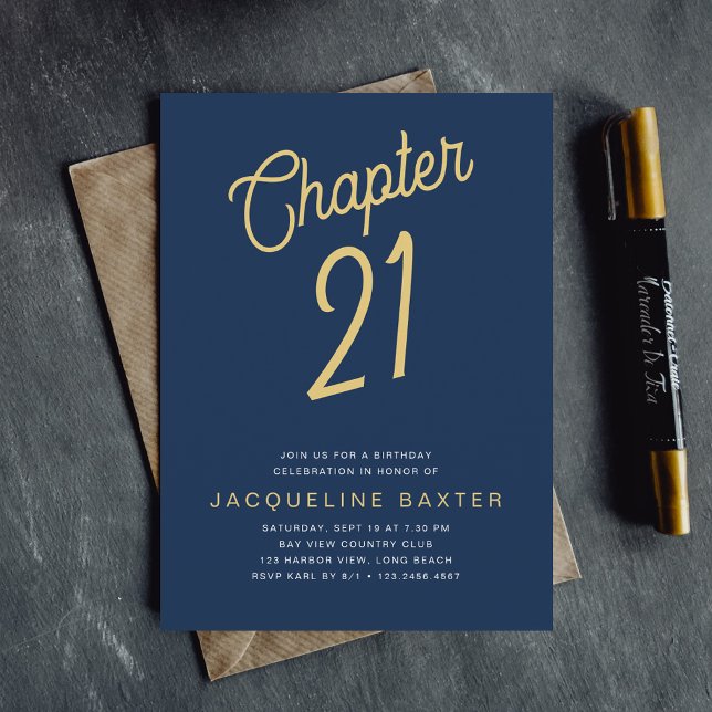 Convites Azul aniversário de 21 anos Dourado Script 21 Aniv (Criador carregado)