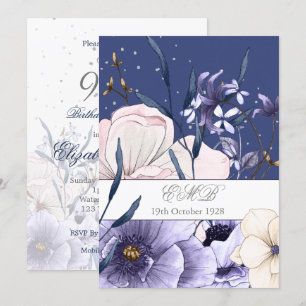 Convites Azul Aniversário de 90 anos Floral Prata Elegante