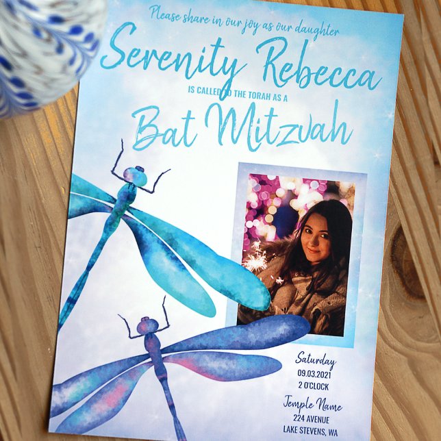 Convites Azul, Aqua Dragonfly Bat Mitzvah (Turquoise and blue whimsical dragonflies bat mitzvah invitation with photo)