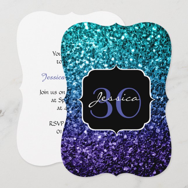 Convites Azul Aqua Ombre faux glitter farelos Monograma (Frente/Verso)
