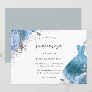 Convites Azul Aqua Silver Vestidos e Flores Quinceanera
