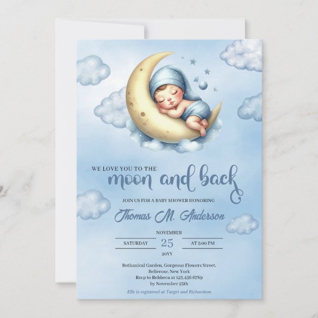 Convites Azul-aquarela e lua amarela e cauda (Frente)