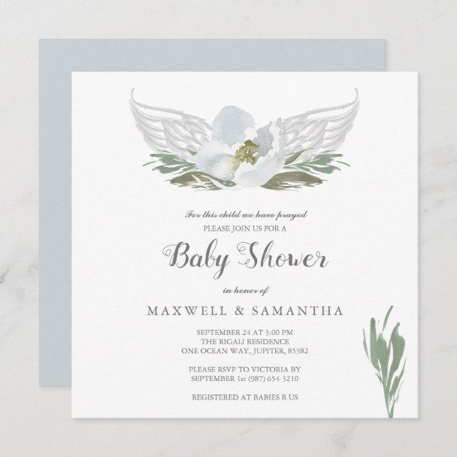 Convites Azul-aquarela Florais Chá de fraldas Anjos (Frente/Verso)