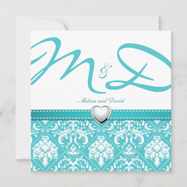 Convites Azul-aquático com monograma personalizado (Frente)