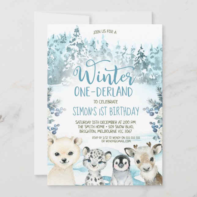Convites Azul-Ártico Animal Winter Onederland Birthday (Frente)