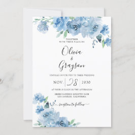 Convites Azul Azul Azul-Bebê Floral QR Tudo Em Um Casamento