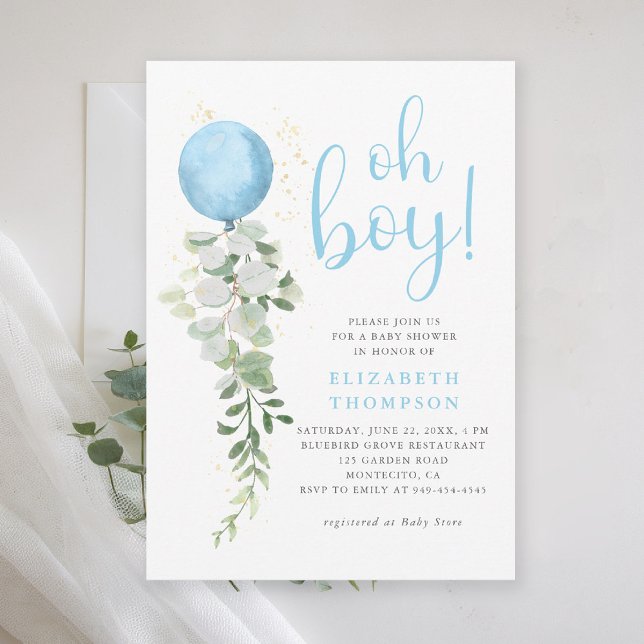 Convites Azul Balão Eucalyptus Foliage Oh Chá de fraldas (oh boy baby shower invitation blue balloon eucalyptus greenery watercolor blue calligraphy elegant)