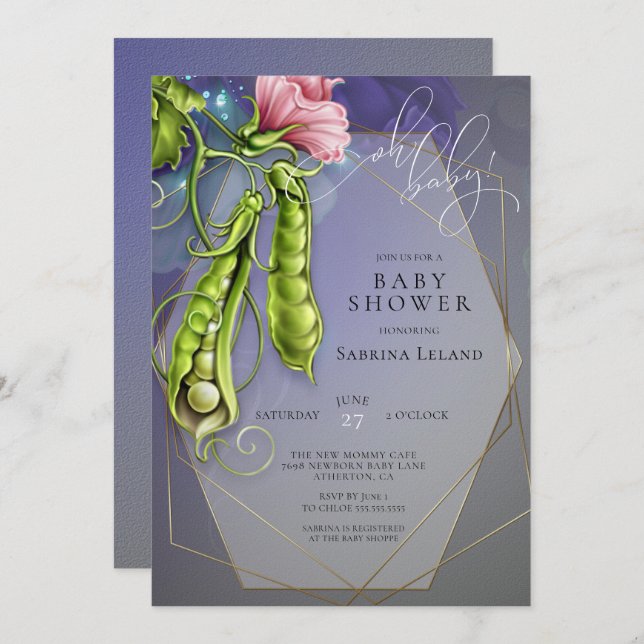 Convites Azul-bebê - Ervilha-doce num Chá de fraldas de pól (Frente/Verso)