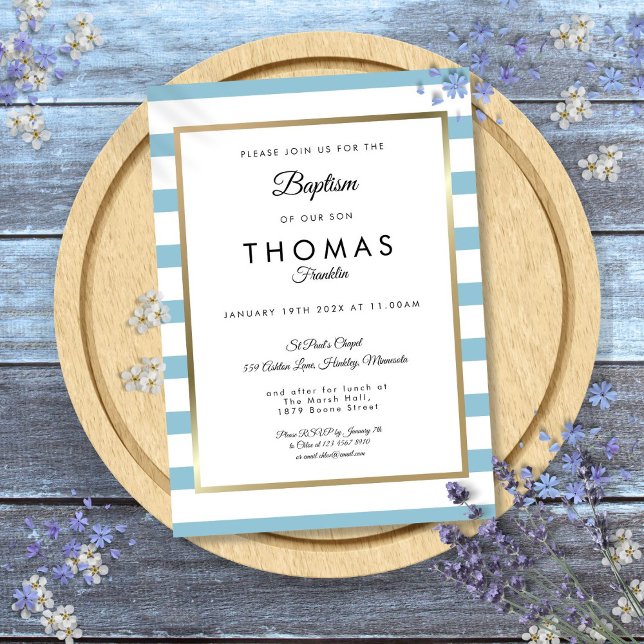 Convites Azul Bebê Listras Batismo Crisma (Baby Blue Stripe Baptism Christening Invitation)