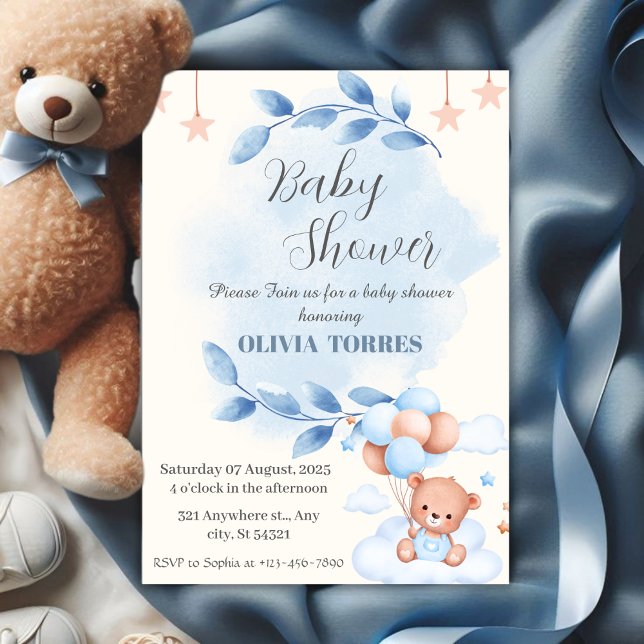 Convites Azul Bege,Urso de Pelúcia, Balões, Chás de Bebê ma (Criador carregado)