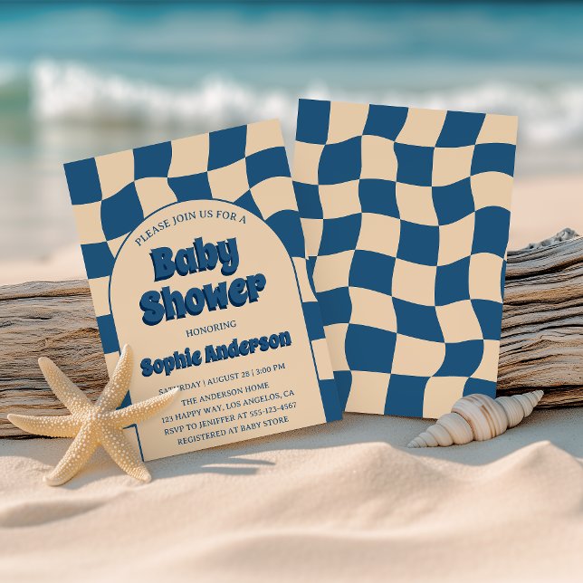 Convites Azul Boho Padrão Ondulado Retrô Chá de Bebê Modern (Criador carregado)