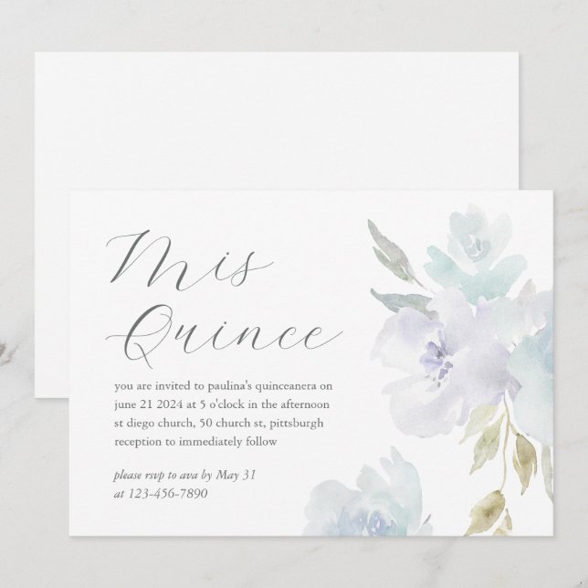 Convites Azul bonito Floral 15 Anos Aniversário Quinceañera (Frente/Verso)