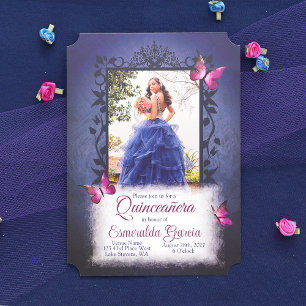 Convites Azul, Borboletas Rosa Berry Quinceanera