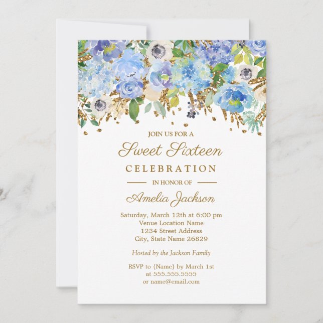 Convites Azul Botânico Dourado Floral Doce Aniversário de D (Frente)