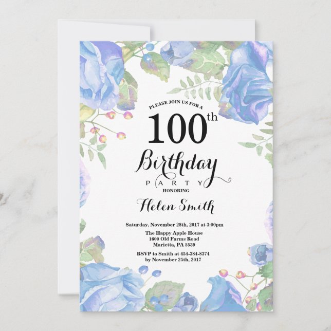 Convites Azul Botânico Floral 100º Aniversário (Frente)