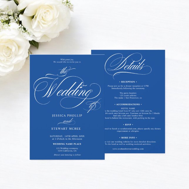 Convites Azul branco-chic tudo em um casamento de caligrafi (Chic white blue all in one calligraphy wedding invitation)