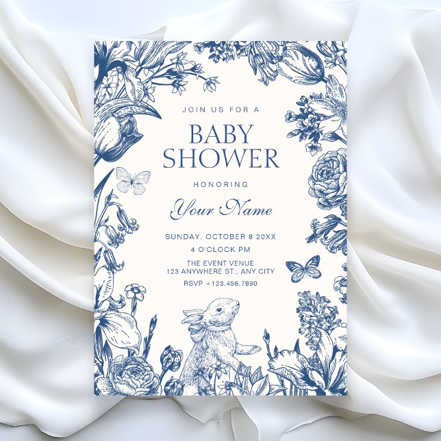 Convites Azul branco Chuveiro de bebê floral botânico vinta (Criador carregado)