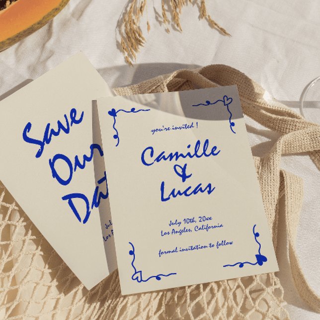 Convites Azul branco com manuscrito retroativo Salve as dat (Criador carregado)