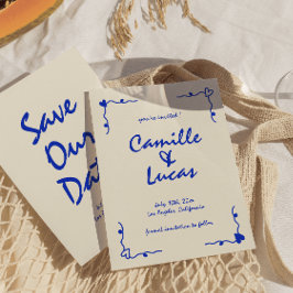 Convites Azul branco com manuscrito retroativo Salve as dat