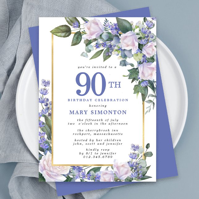 Convites Azul branco Dourado 90 Floral Aniversário (Criador carregado)