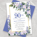 Convites Azul branco Dourado 90 Floral Aniversário<br><div class="desc">Honra uma mulher especial com este Convite de aniversário elegante e feminina. 90 é escrito em texto azul grande. A comemoração de aniversário segue. O nome do convidado também está em letras azuis. O resto do texto é cinza de pomba mole. Os detalhes da comemoração de aniversário são cercados por...</div>