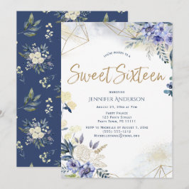 Convites Azul branco Dourado Aquarela Doce Floral 16