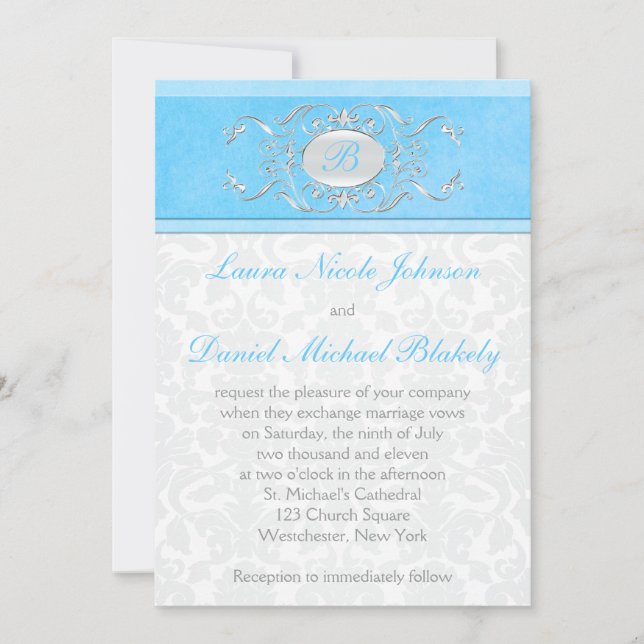 Convites Azul, Branco e Cinza Damask Monogramado (Frente)