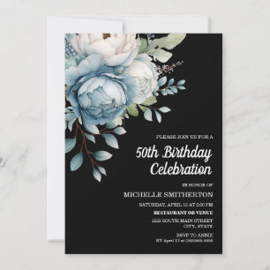 Convites Azul Branco Floral Preto Aniversário de 50 anos de