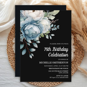 Convites Azul Branco Floral Preto Aniversário de 75 anos de