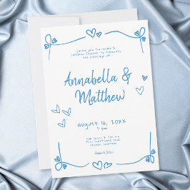 Convites Azul Branco Mão Desenhada Coração Casamento Capric