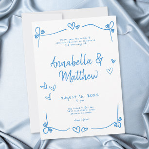 Convites Azul Branco Mão Desenhada Coração Casamento Capric