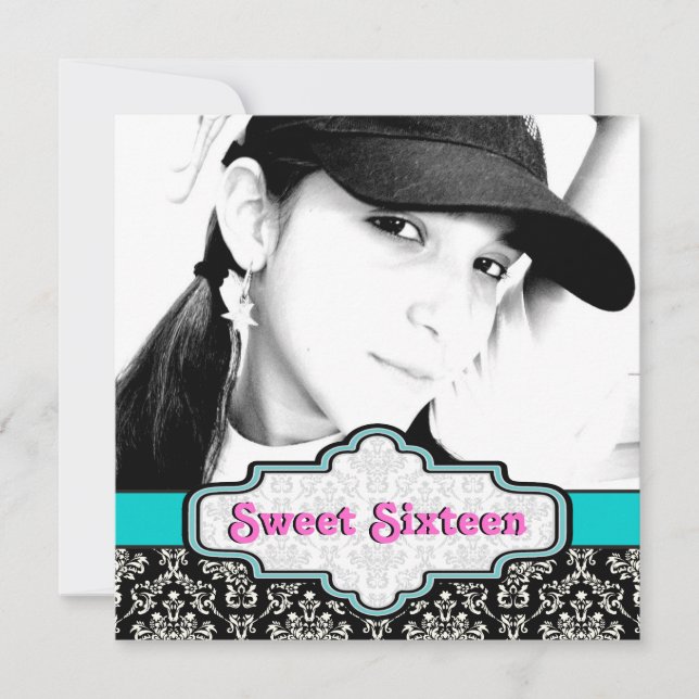 Convites Azul branco preto damasco Doce Dezesseis anos (Frente)