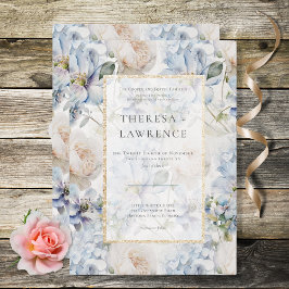 Convites Azul & Branco - Quadro Dourado Floral Branco