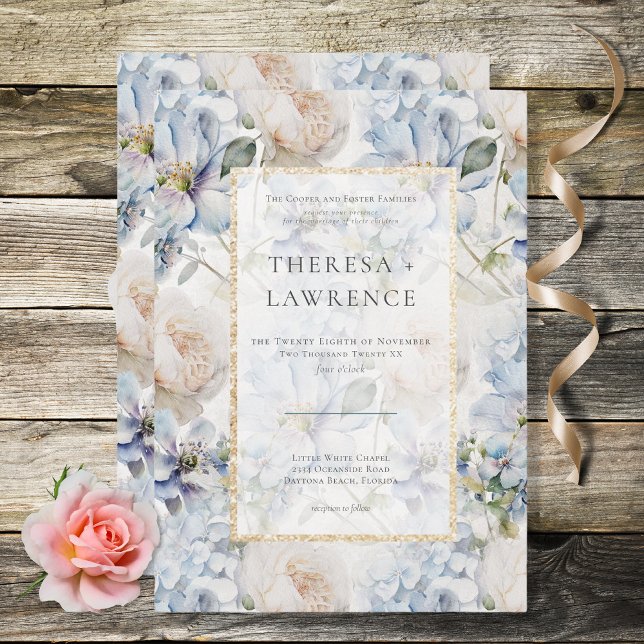 Convites Azul & Branco - Quadro Dourado Floral Branco (Criador carregado)