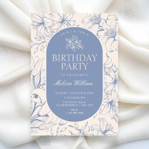 Convites Azul branco vintage elegante floral aniversário