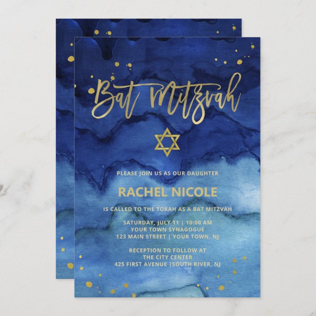 Convites Azul brilhante e Faux Dourado Bat Mitzvah (Frente/Verso)