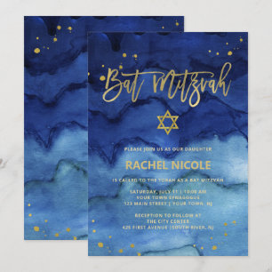 Convites Azul brilhante e Faux Dourado Bat Mitzvah