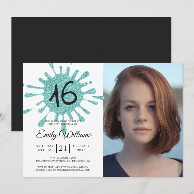 Convites Azul-brilhante - Festa de aniversário Doce 16 (Frente/Verso)