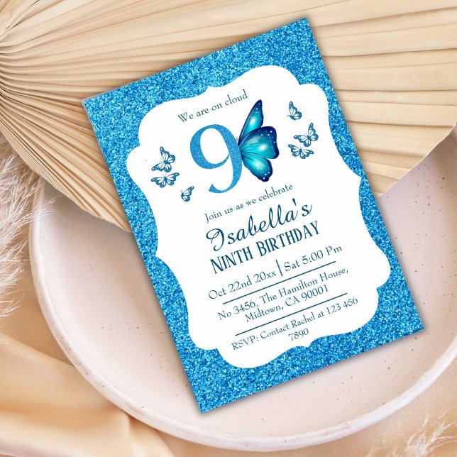 Convites Azul brilho vibrante fofo vibrante 9º aniversário (Criador carregado)