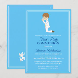 Convites Azul Brunette Boy First Communion