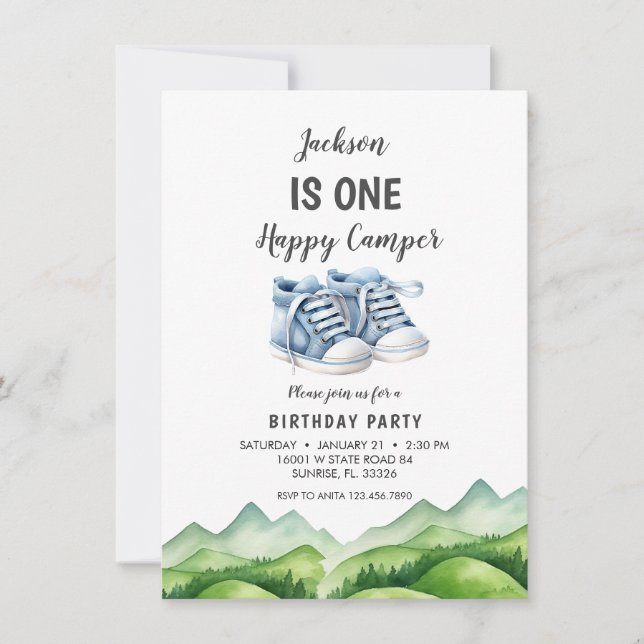 Convites Azul, Calçados de bebê, Aniversário da Pequena Cam (Frente)