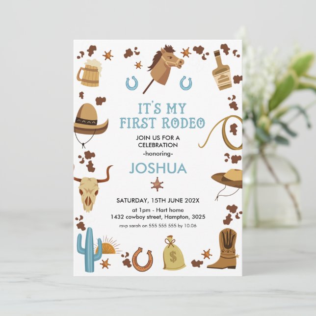 Convites Azul Castanho Meu Primeiro primeiro aniversario Ro (Em pé/Frente)