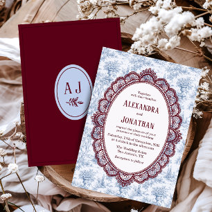 Convites Azul Centáurea Borgonha Renda Vintage Casamento