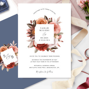 Convites Azul Chic, Blush Borgonha e Casamento Floral Rosa