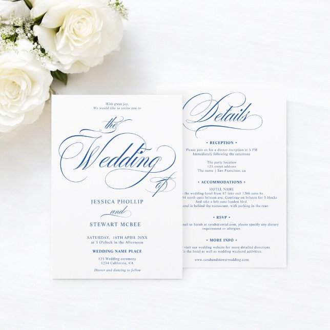 Convites Azul-chic branco tudo em um casamento de caligrafi (Chic blue white all in one calligraphy wedding invitation)