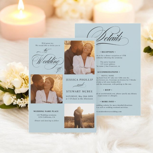 Convites Azul-chic branco tudo em um roteiro fotos casament (Chic blue white all in one script photos wedding invitation)