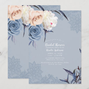 Convites Azul Cinza Empoeirado e Renda Floral de Pêssego pa